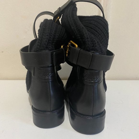 Authentic Gucci Combat Boots (38) - Knit Style Top with Leather/Gold Buckles - Picture 3 of 9